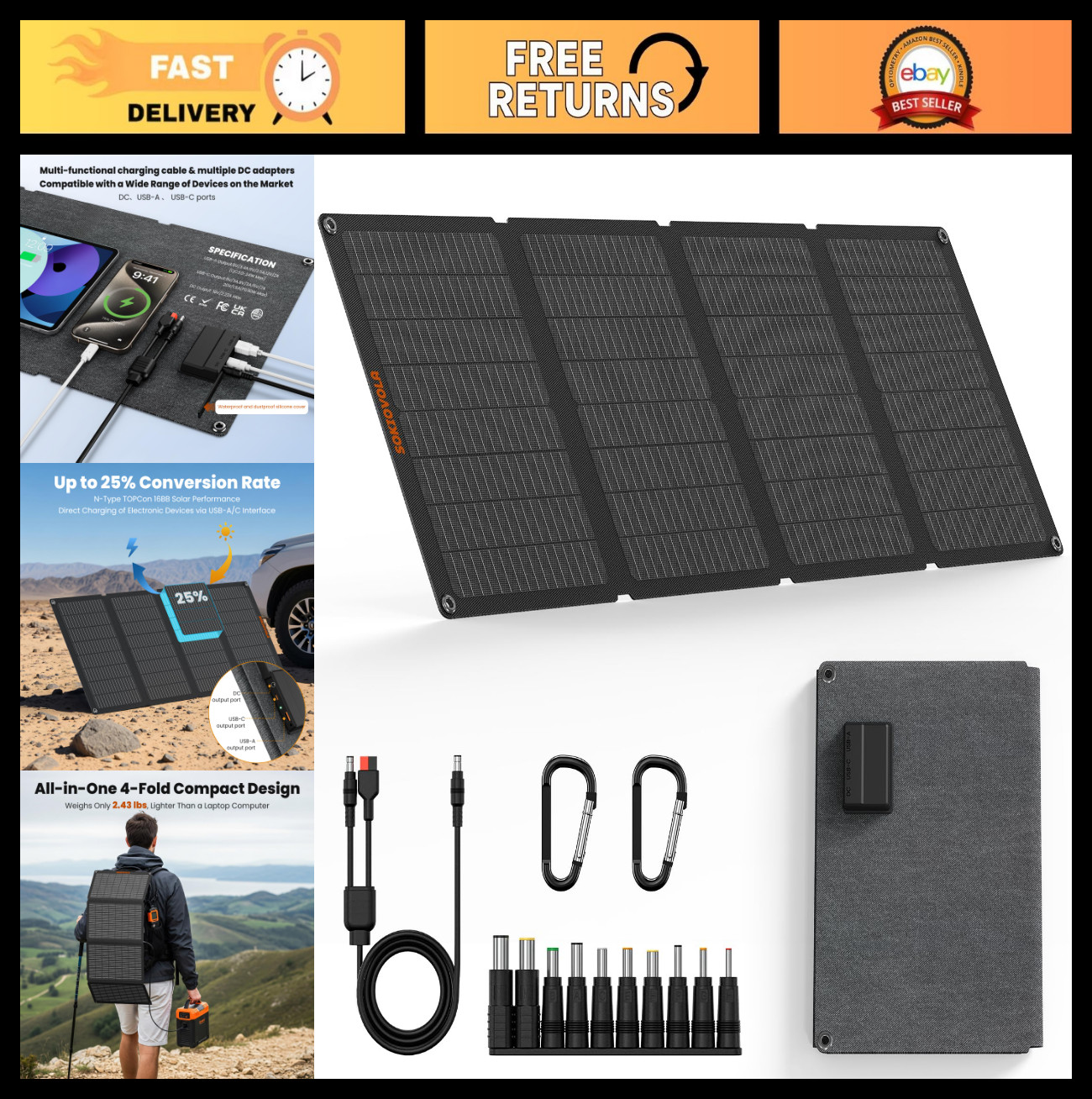 50W Foldable Solar Panel Charger, IP68 Waterproof, USB-A & USB-C, DC 18V for Cam
