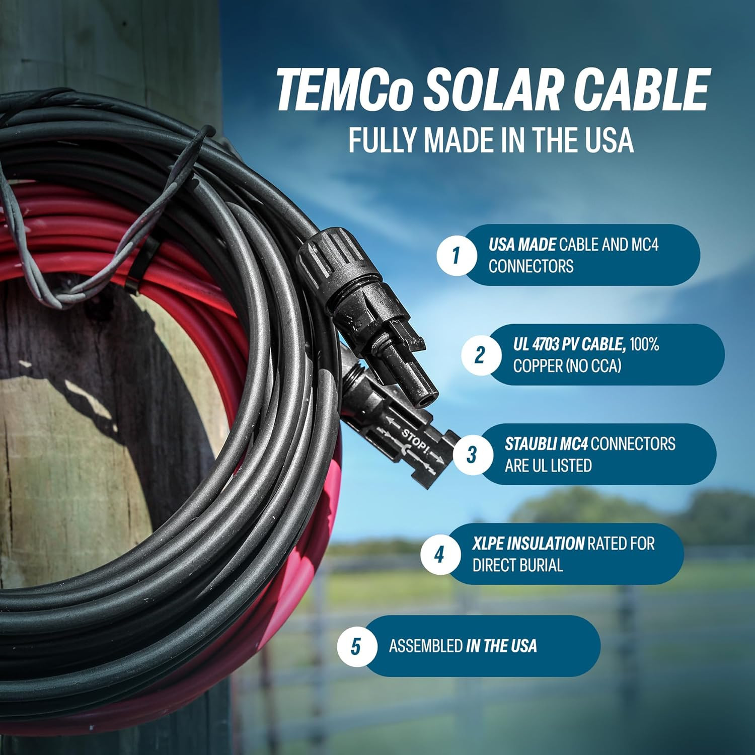 Temco Solar Panel Extension Cable 10 AWG 100 Ft Red + 100 Ft Black W/Staubli MC4