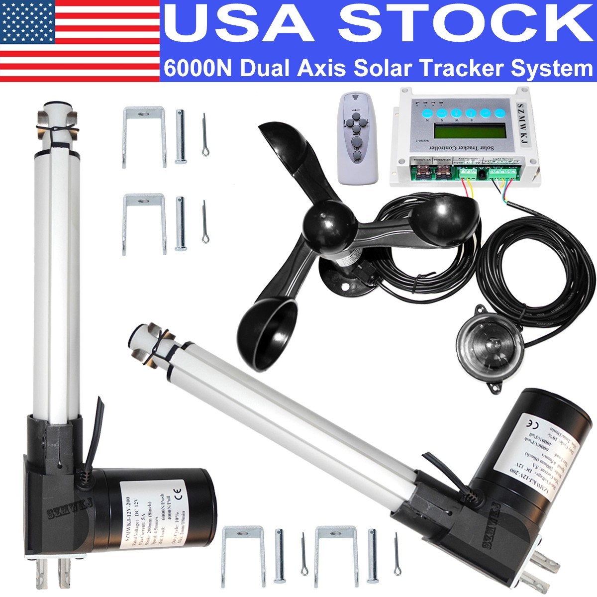 Complete 6000N Solar Tracker 2*8″ Linear Actuator LCD Controller Anemometer Kits