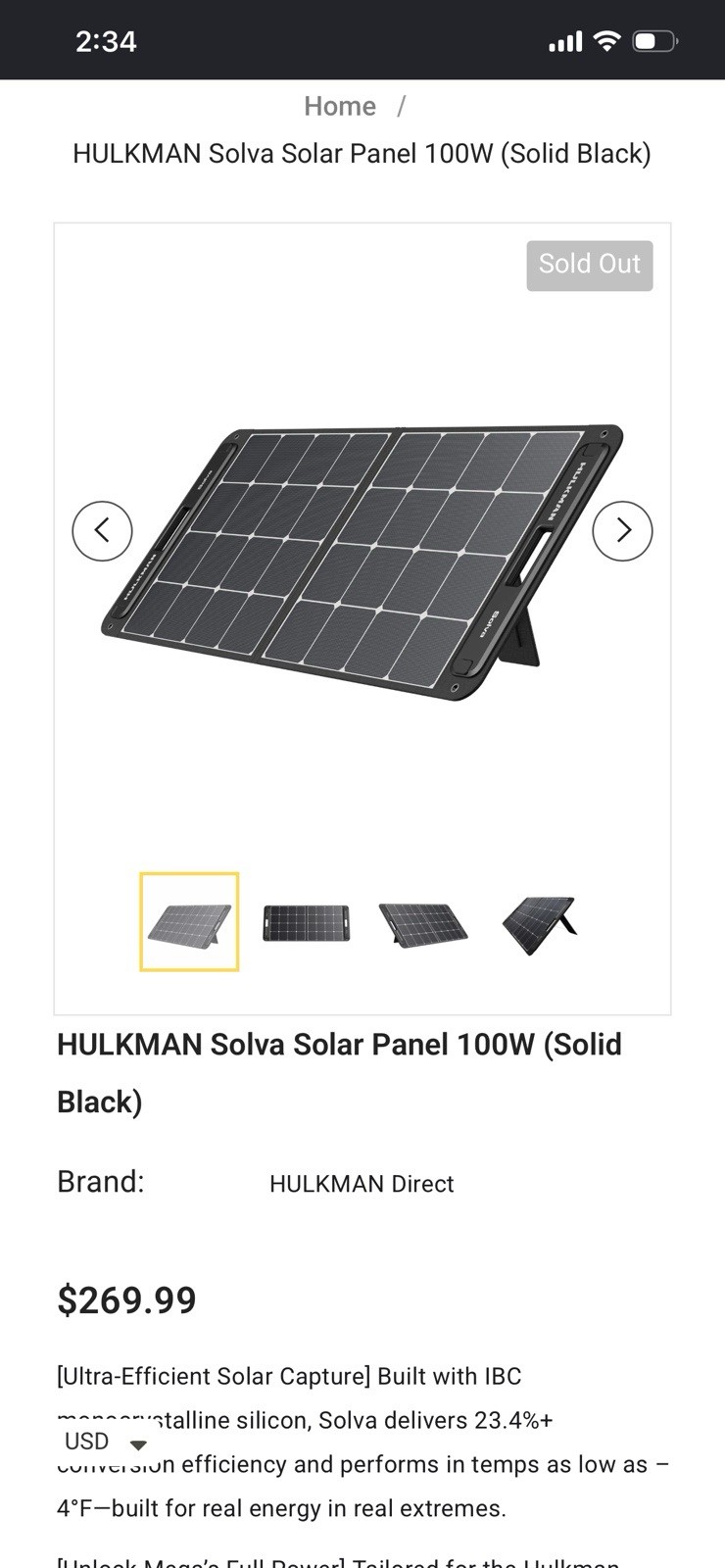HULKMAN Solva 100W Monocrystalline Portable Rigid Solar Panel, Black, MC4