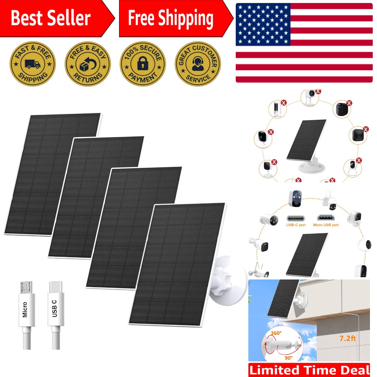 Versatile 2W Solar Panel Charger – 4 Pack for Micro USB & USB-C Security Cameras