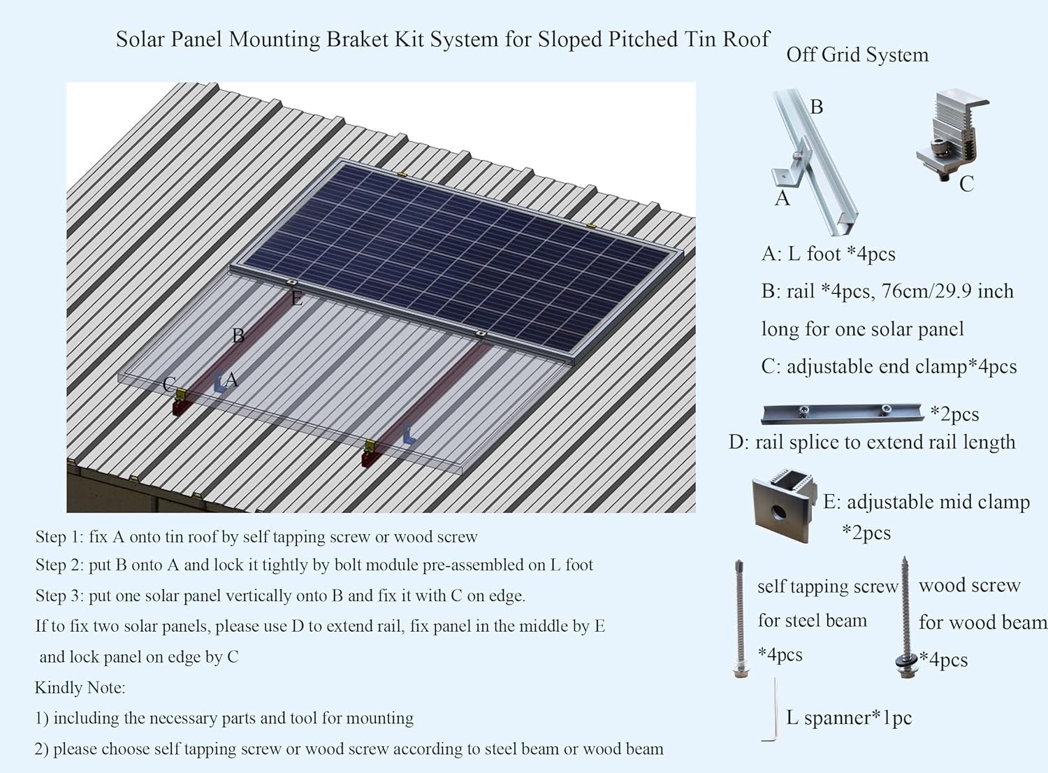 Adjustable Solar Panel Roof Mount Bracket Kit for Sloped Tin Roofs