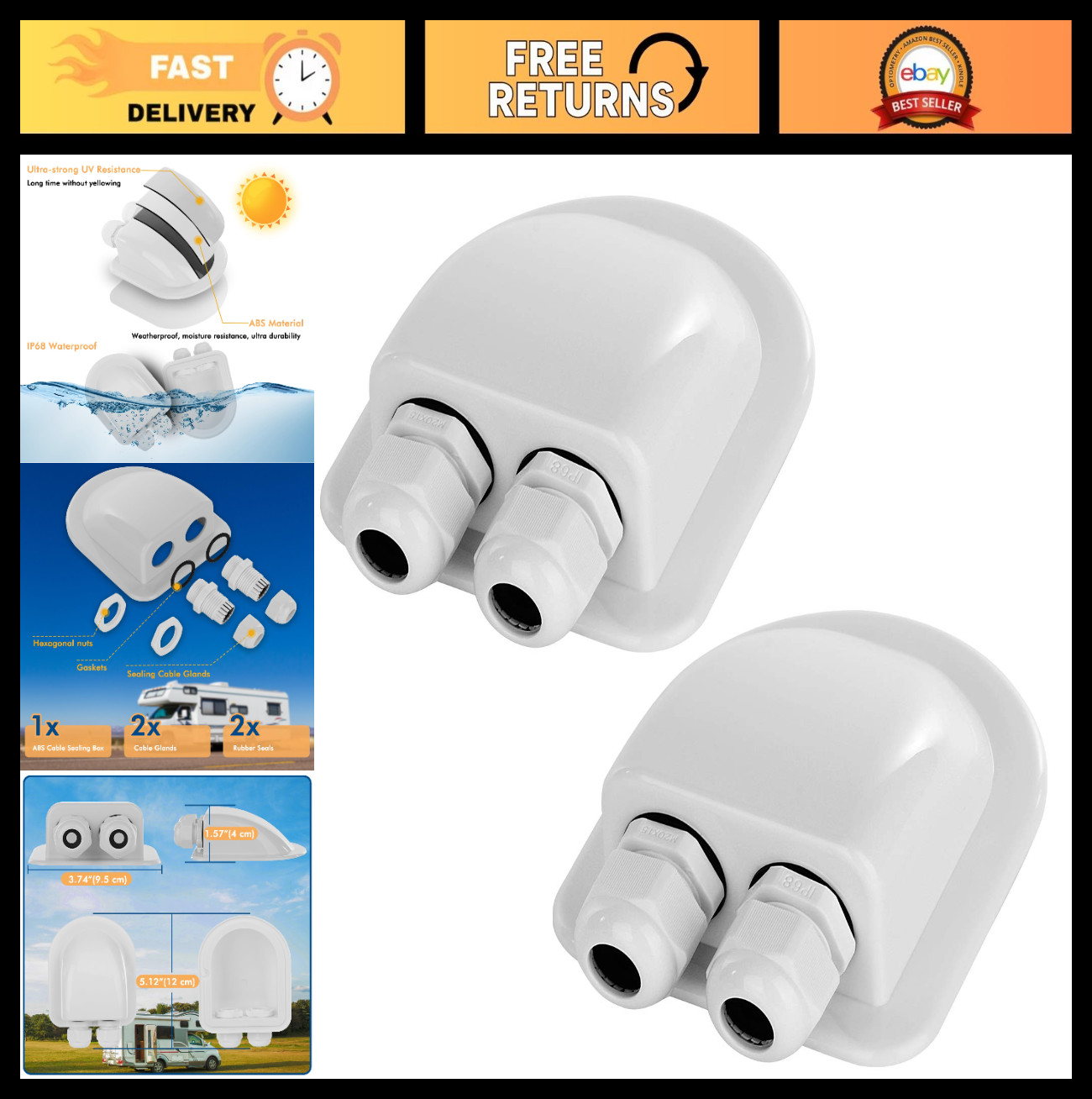 2 Pack IP68 Waterproof Solar Cable Entry Gland – Weather Resistant Dual Housing