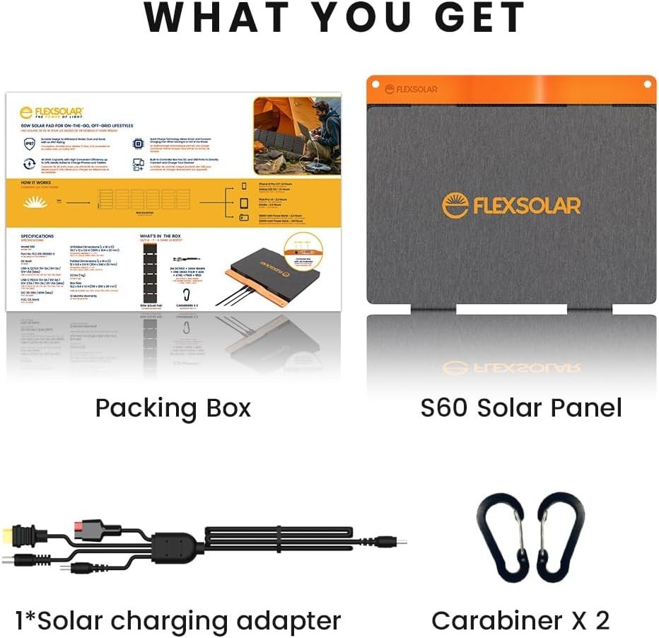 60W Portable Solar Panels Chargers W/ PD3.0 USB-C,QC3.0 USB-A & DC Outputs