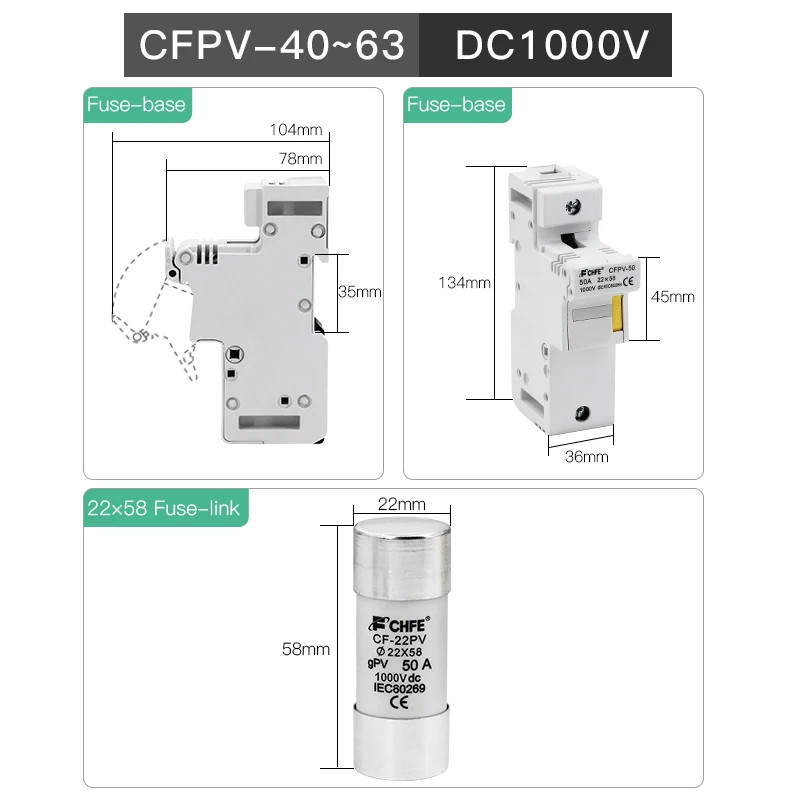 DC Fuse Holder PV DIN Rail Mounting 1000V Photovoltaic System Strings 6A-63A