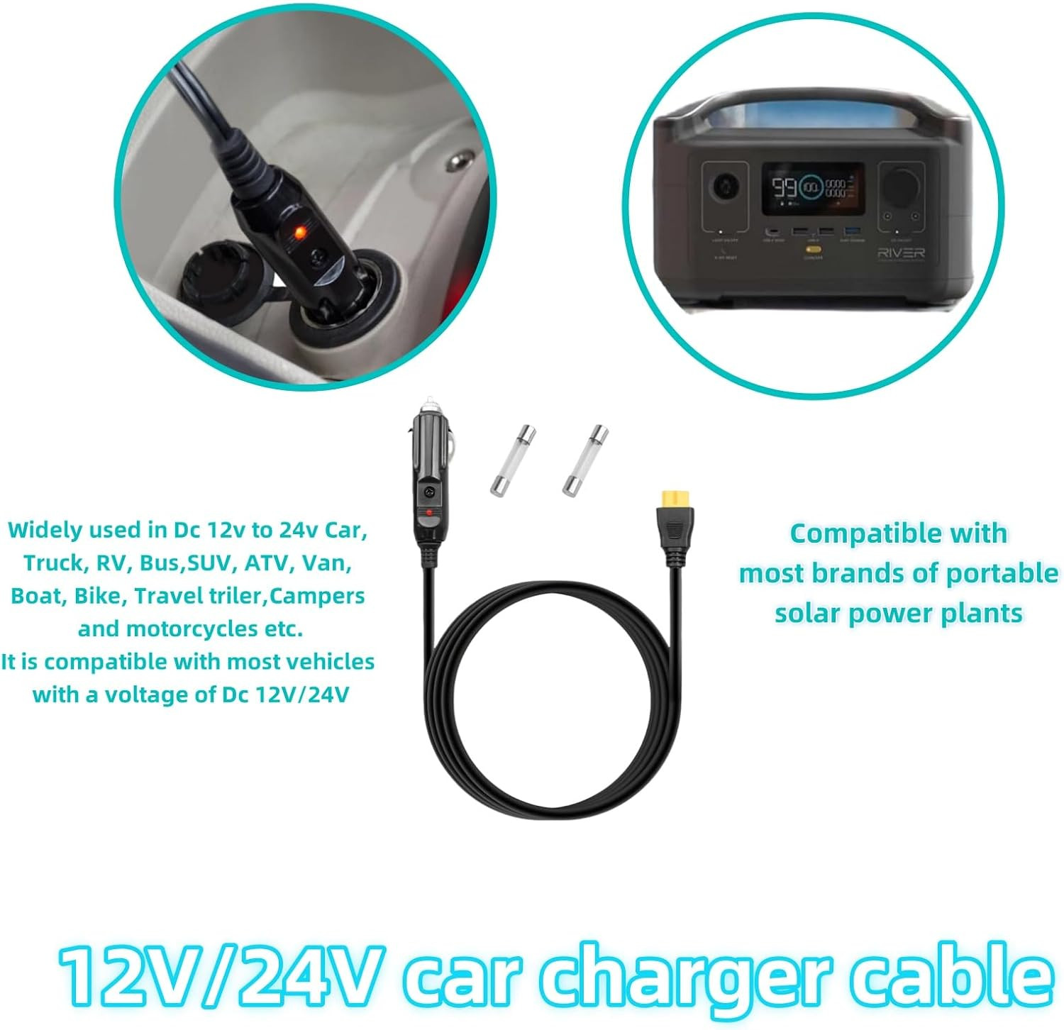 6.8FT Portable12V 24V Car Charger Suitable Compatible Ecoflow Delta