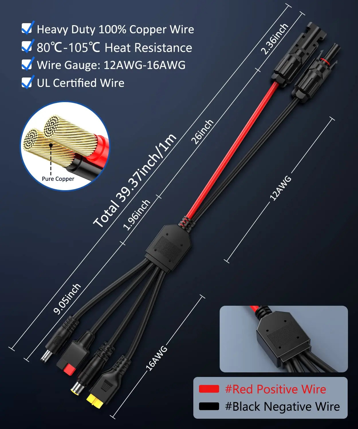 39/70 Inch 4In1 Solar Panel Connector Extension Cable Splitter Compatible with A