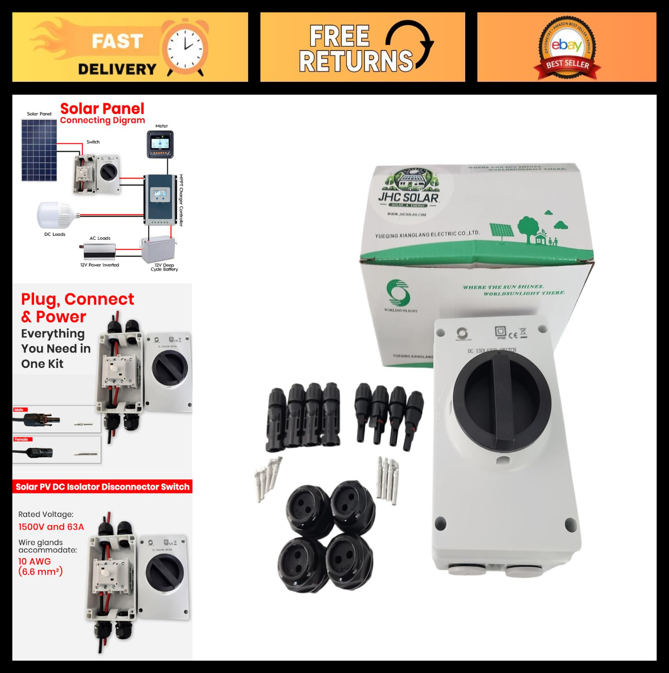 IP66 Outdoor 63A 4P Solar PV DC Isolator Switch, 1500V, 4 Wire Glands & 8 Connec