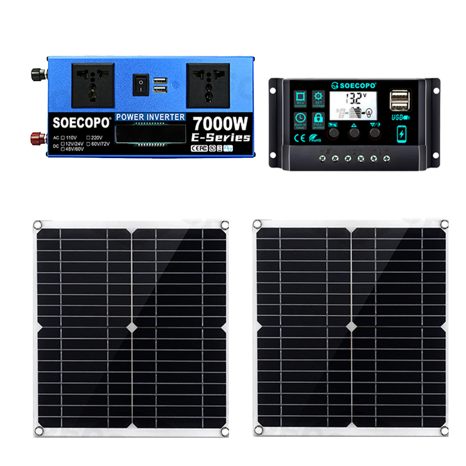 Powerful 7000W Solar Generator Kit | Inverter, 2pcs Solar Panels + Controller