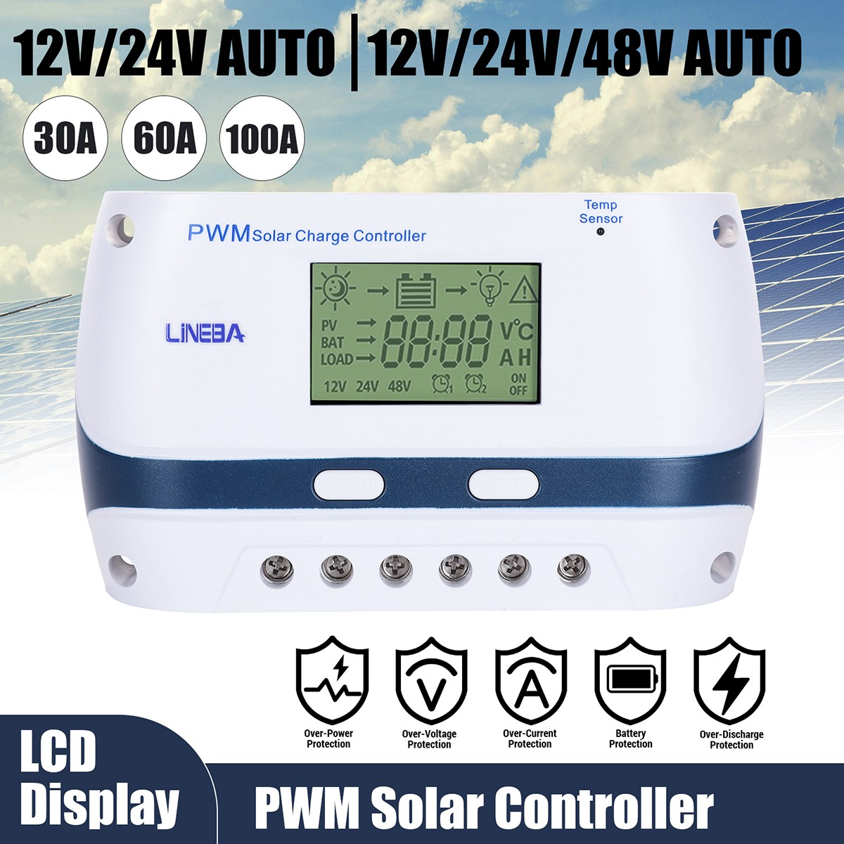 LCD 100A 60A 30A Solar Charge Controller Auto 12V/24V/48V Battery Regulator USB