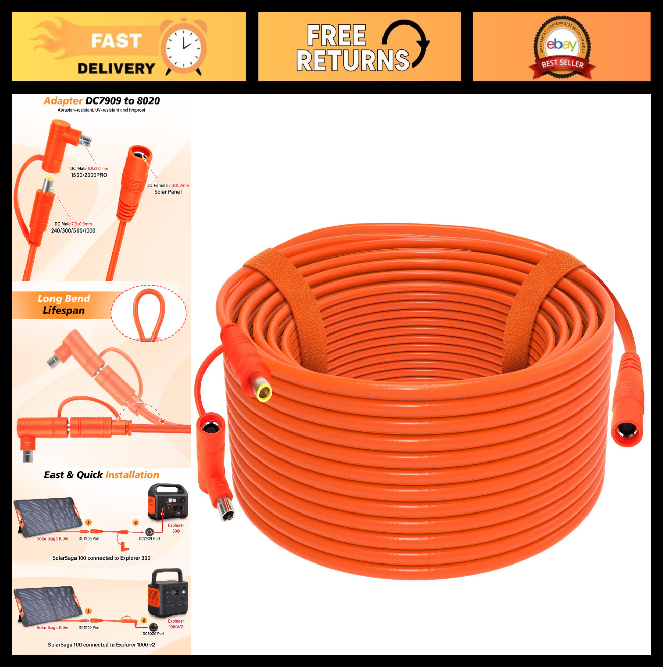 30FT 9M DC Extension Cable for Solar Generators, 14AWG with Right Angle Adapter