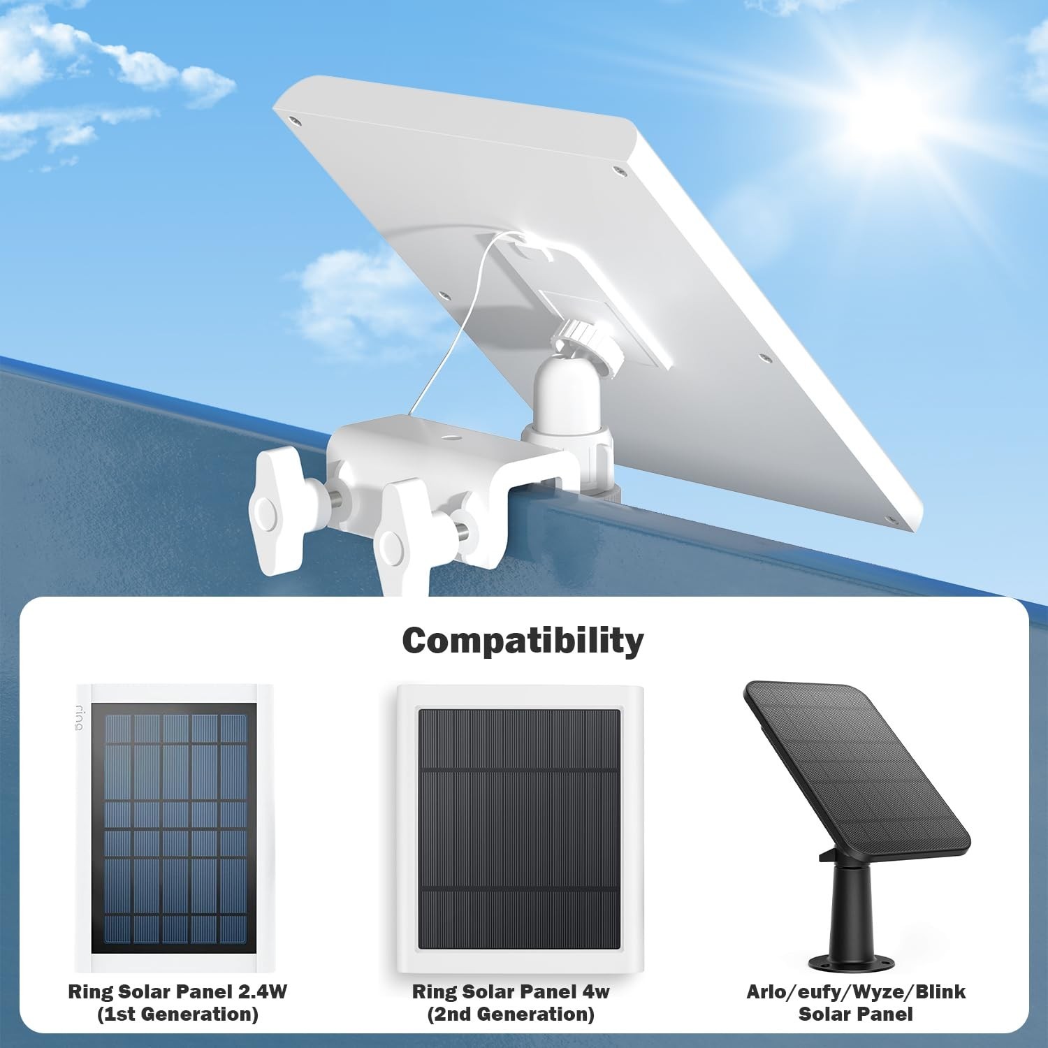 2 Pack Adjustable Gutter Mount for Solar Panels – Compatible with Ring, Arlo, Eu