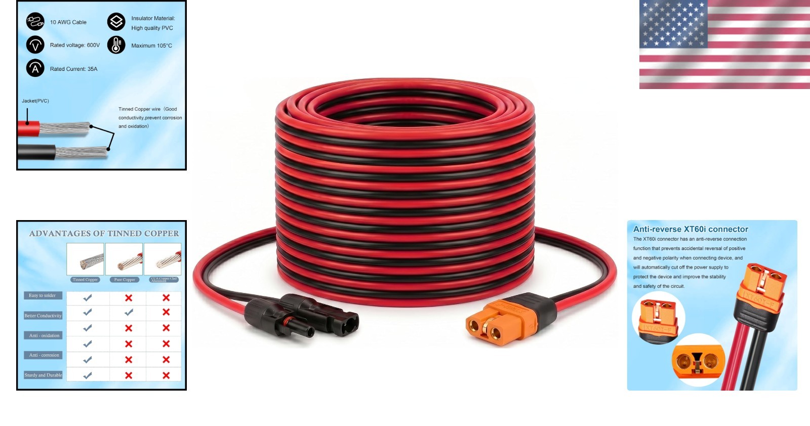 25FT Solar Panel XT60i Connector Cable – High Quality 10AWG