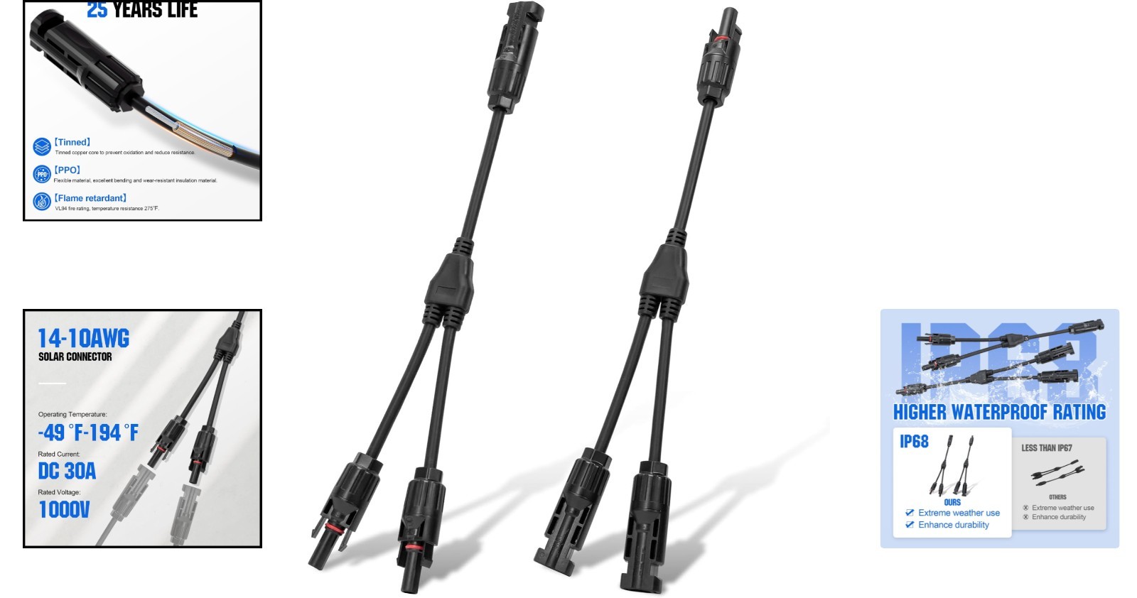 Solar Y Branch Parallel PV Connector Kit, Waterproof, 1 Pair, for Solar Panels