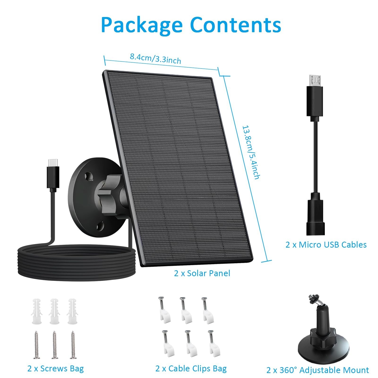 2W Solar Panel for Outdoor Security Cameras, USB-C Charger, Waterproof, 360° Mou
