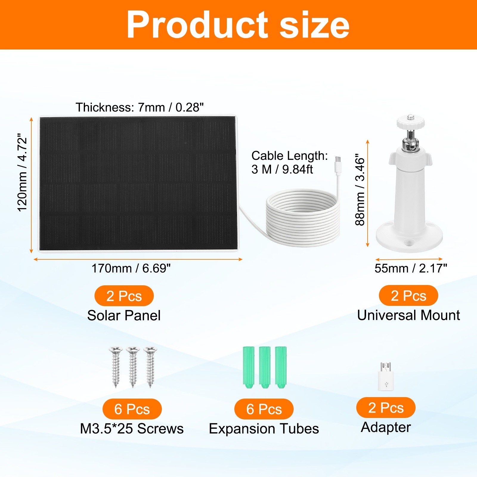 2 Pack of 5V 2W Solar Panel, Waterproof Dual Type-C/USB Solar Charger, White