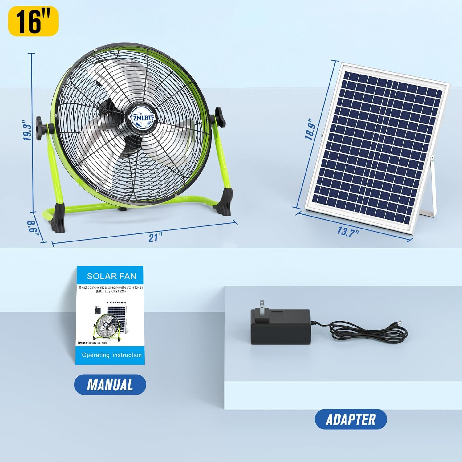 16″ Solar Powered Fan with 20W Solar Panel & Rechargeable Battery, Portable, Qui