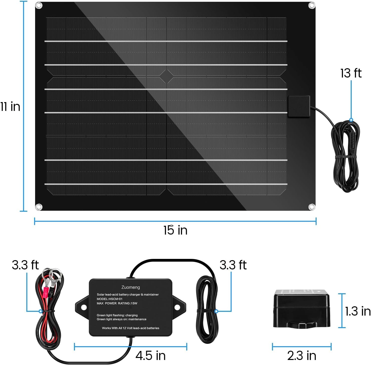 Zuomeng 15W Solar Charger Maintainer for 12V Lead Acid Battery
