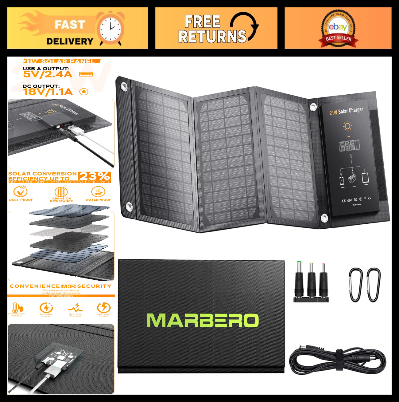 21W Portable Foldable Solar Panel Charger – Waterproof, High Efficiency, USB & D