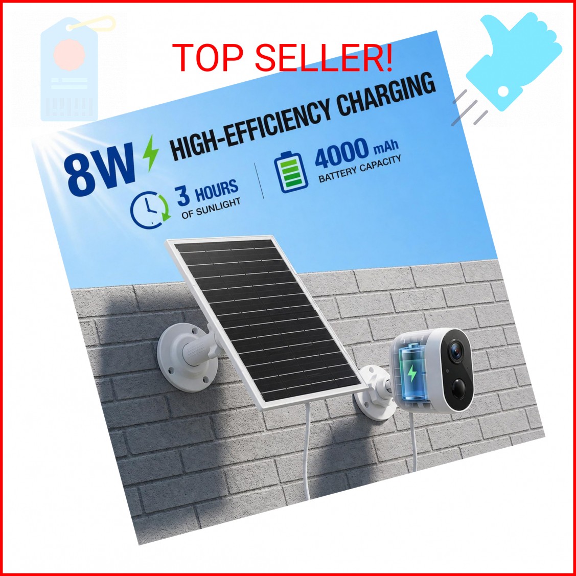 8W Solar Panel for Security Cameras, Waterproof Outdoor Solar Charger with Adjus