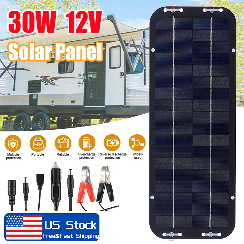 30W Solar Panel 12V Trickle Charger Battery Charger Kit Maintainer Boat Car RV