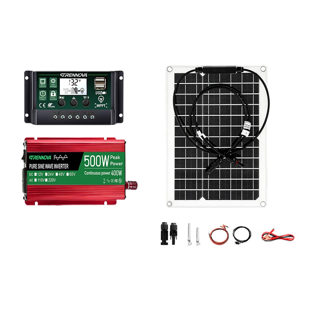 Grennova 500W Power Solar System Pure Sine 12V To 110V/220V Inverter 50W Panel