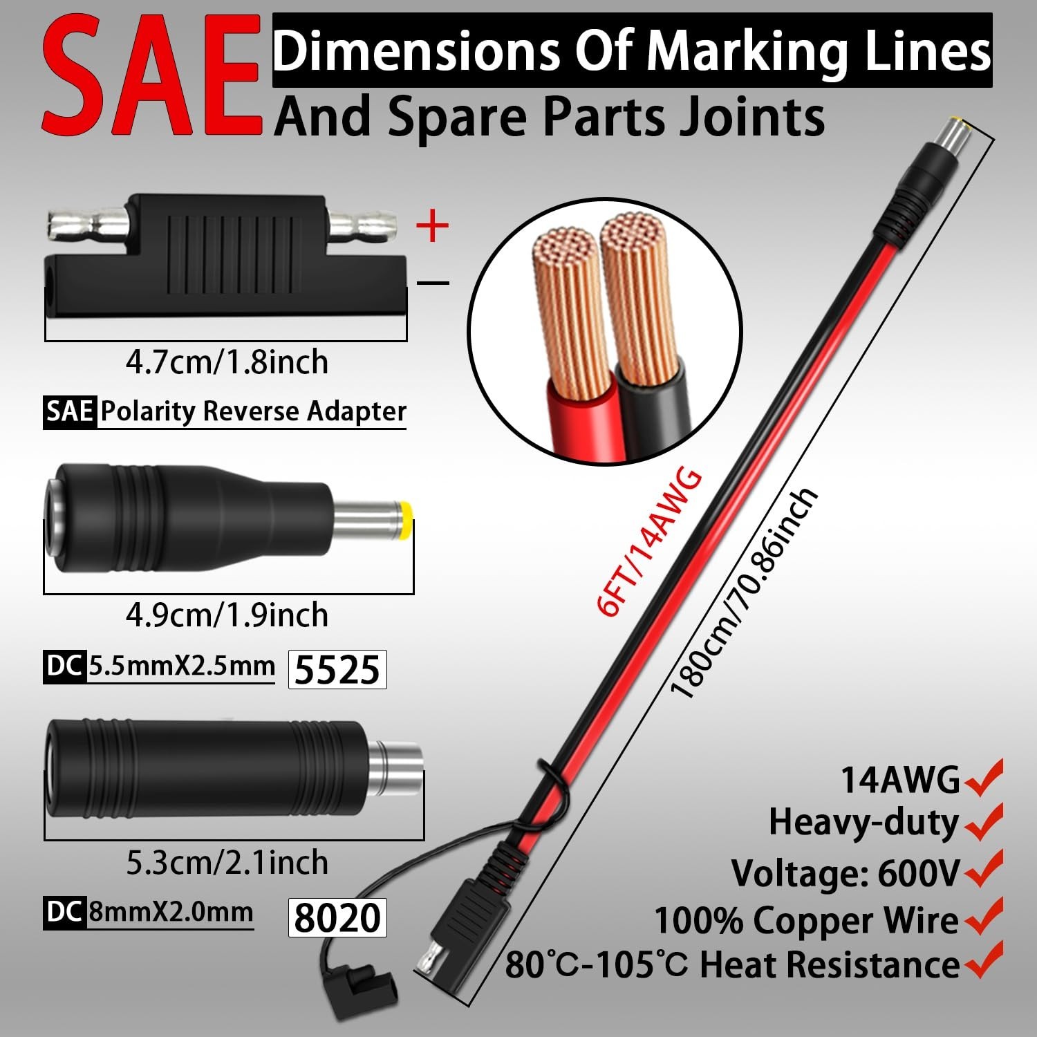 6FT Heavy Duty SAE to DC8mm Male Adapter for Jackery Solar Panels – Weatherproof
