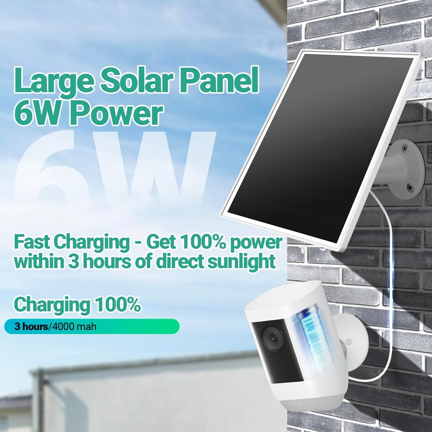 Solar Panel Ring Camera 6W Solar Charger W/ USB-C & Barrel Plug Ring Stick Up