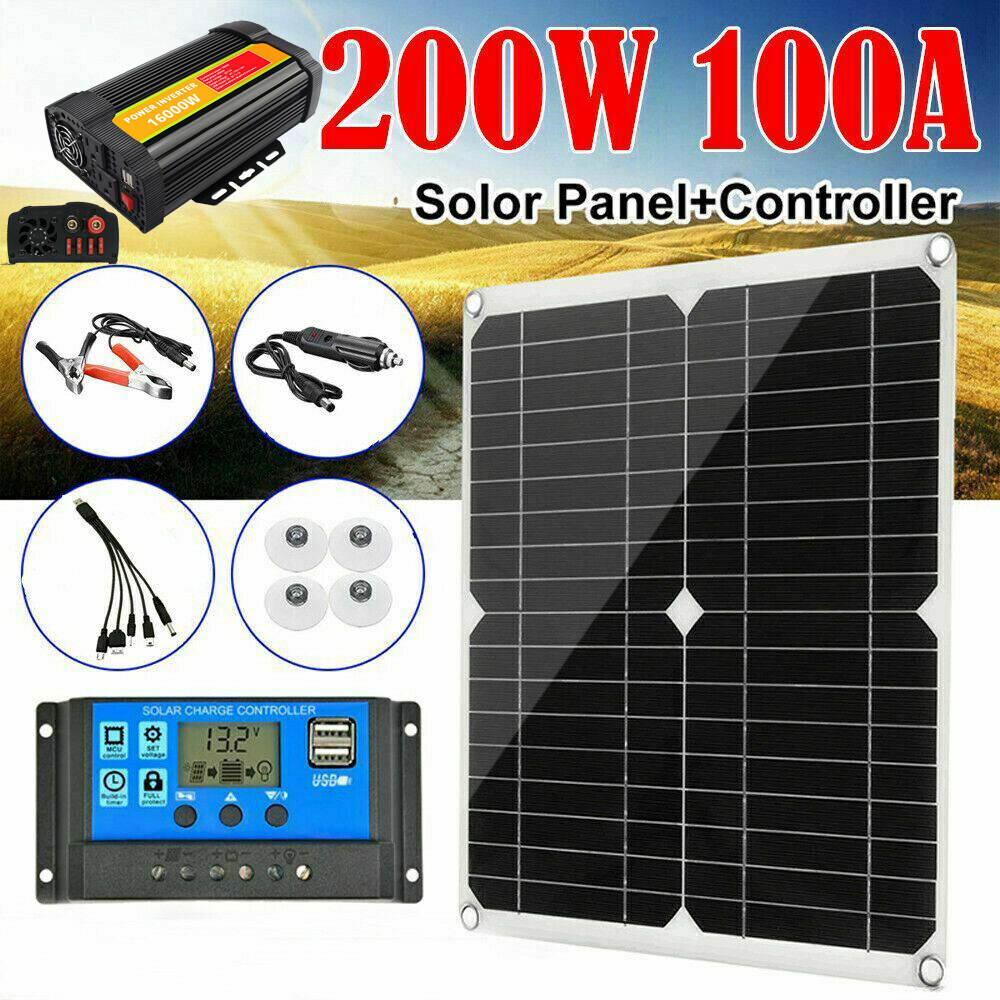 16000W Car Inverter 200W Solar Panel Kit 12V 100A Battery Charger w/ Controller