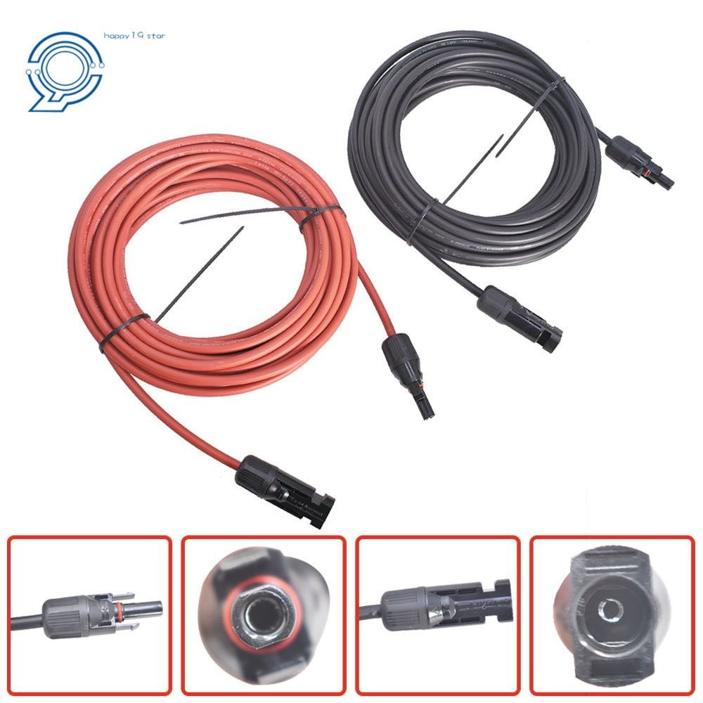12 AWG Solar Panel Extension Cable Wire Connector 1 Pair 20ft Black + Red