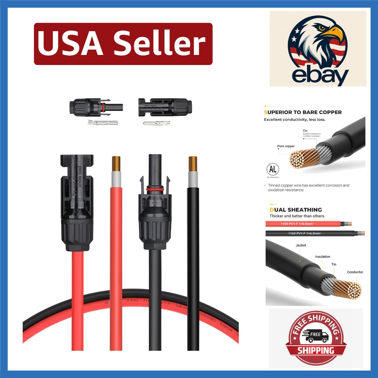 High-Performance 20FT 10AWG Solar Cable with Extra Connectors & UV Protection