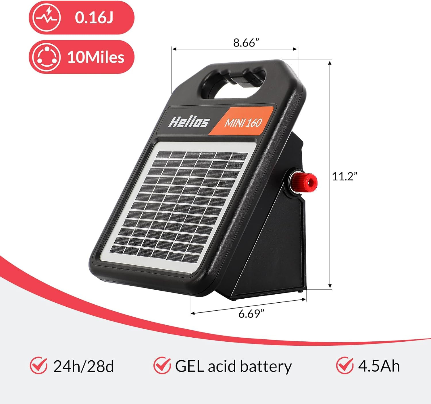 10 Miles Solar Electric Fence Charger with Day/Night Mode, 0.16J Portable Solar