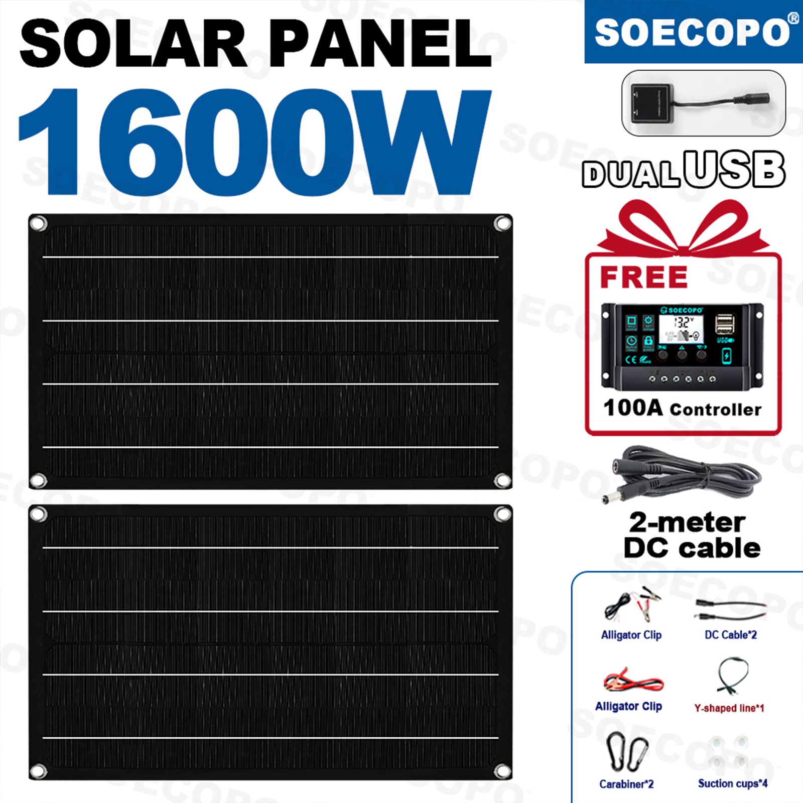 1600W Solar Panel Kit – 2 x 800W + 100A Controller + Extension Cord Multi-Sceneg