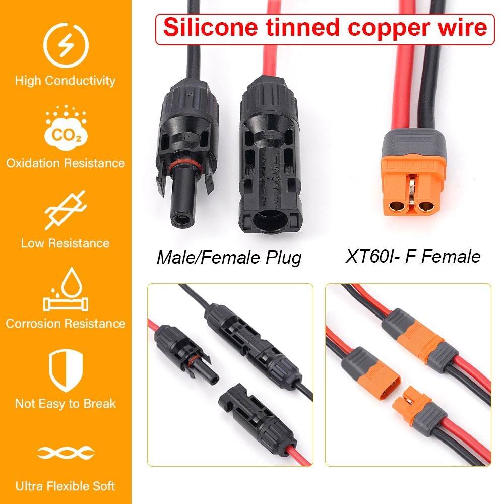 6ft/2m Solar Panel Extension Charging Cable XT60i Female to Solar Connector Wire