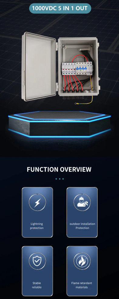 PV Combiner Box 5-in1-out 600V DC IP65 Waterproof SPD MCB Fuse Lightning Protect