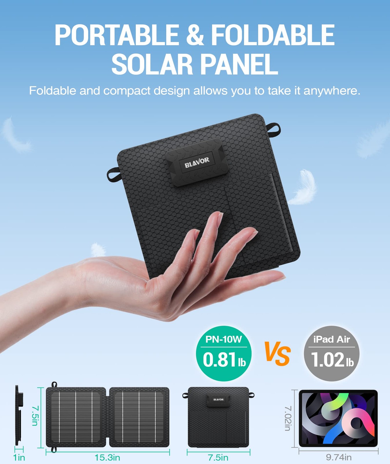 BLAVOR 10W Portable Solar Charger(5V/2A Max) Small Foldable Solar Panel with USB