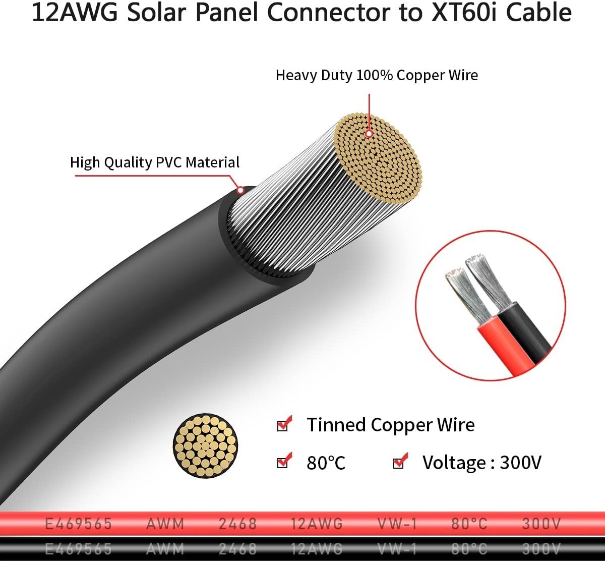 12AWG XT60i to Solar Charging Cable for Portable Power Station & Solar Generator