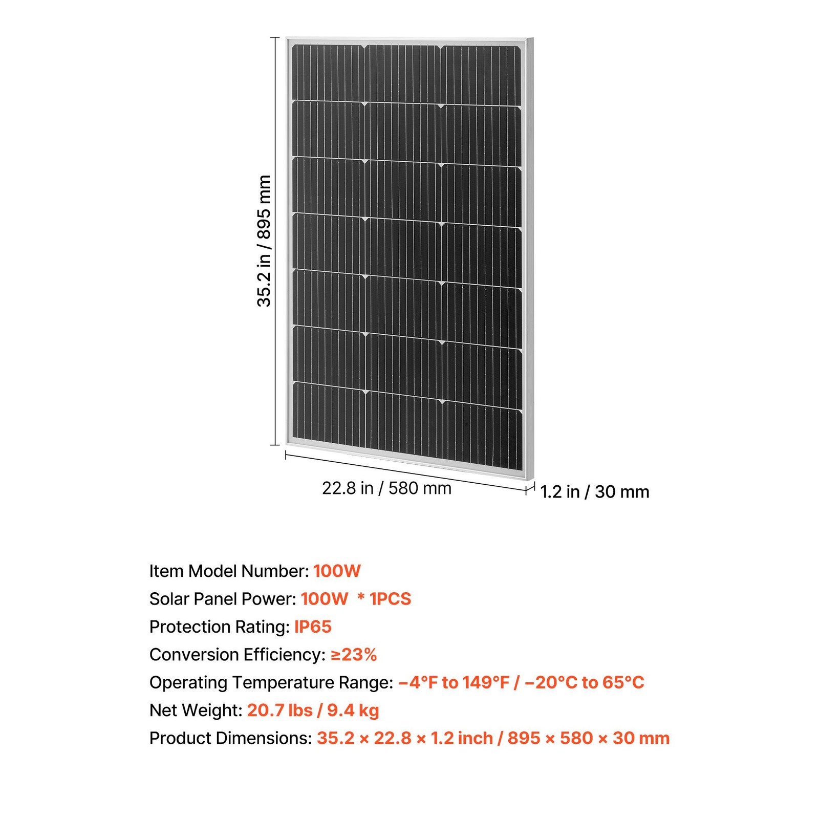 100W Monocrystalline Solar Panel, 23% High-Efficiency Mono PV Module