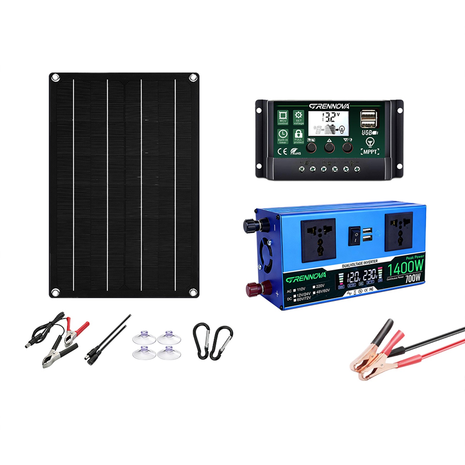 Grennova 1400W Emergency Solar Kit Dual Voltage Inverter 60A MPPT Off-Grid RV