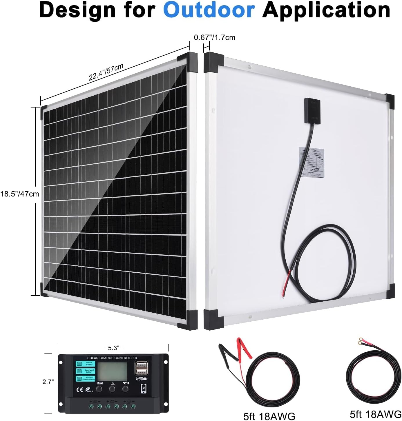 50W/12V Solar Panel Kit with 10A Charge Controller, Monocrystalline Solar Batter