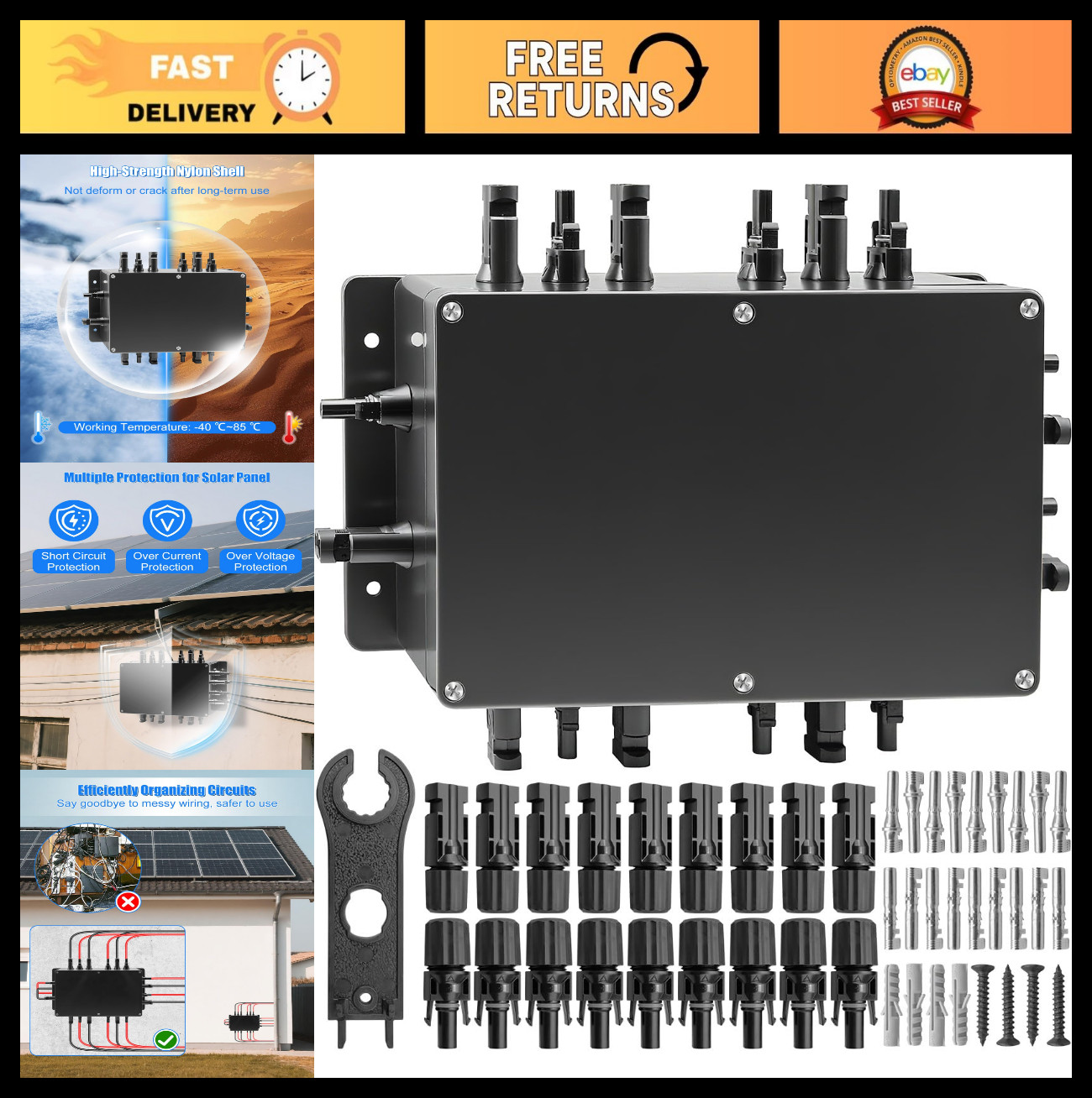8 String Solar PV Combiner Box, IP68 Waterproof Circuit Breaker, 30A Fuse & Wren