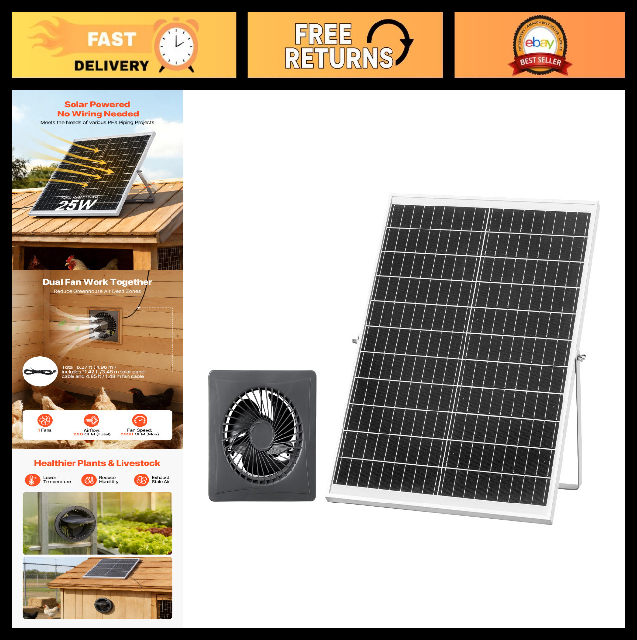 25W Solar Powered Fan with 220 CFM Airflow, Adjustable Angle, Fast Air Exchange