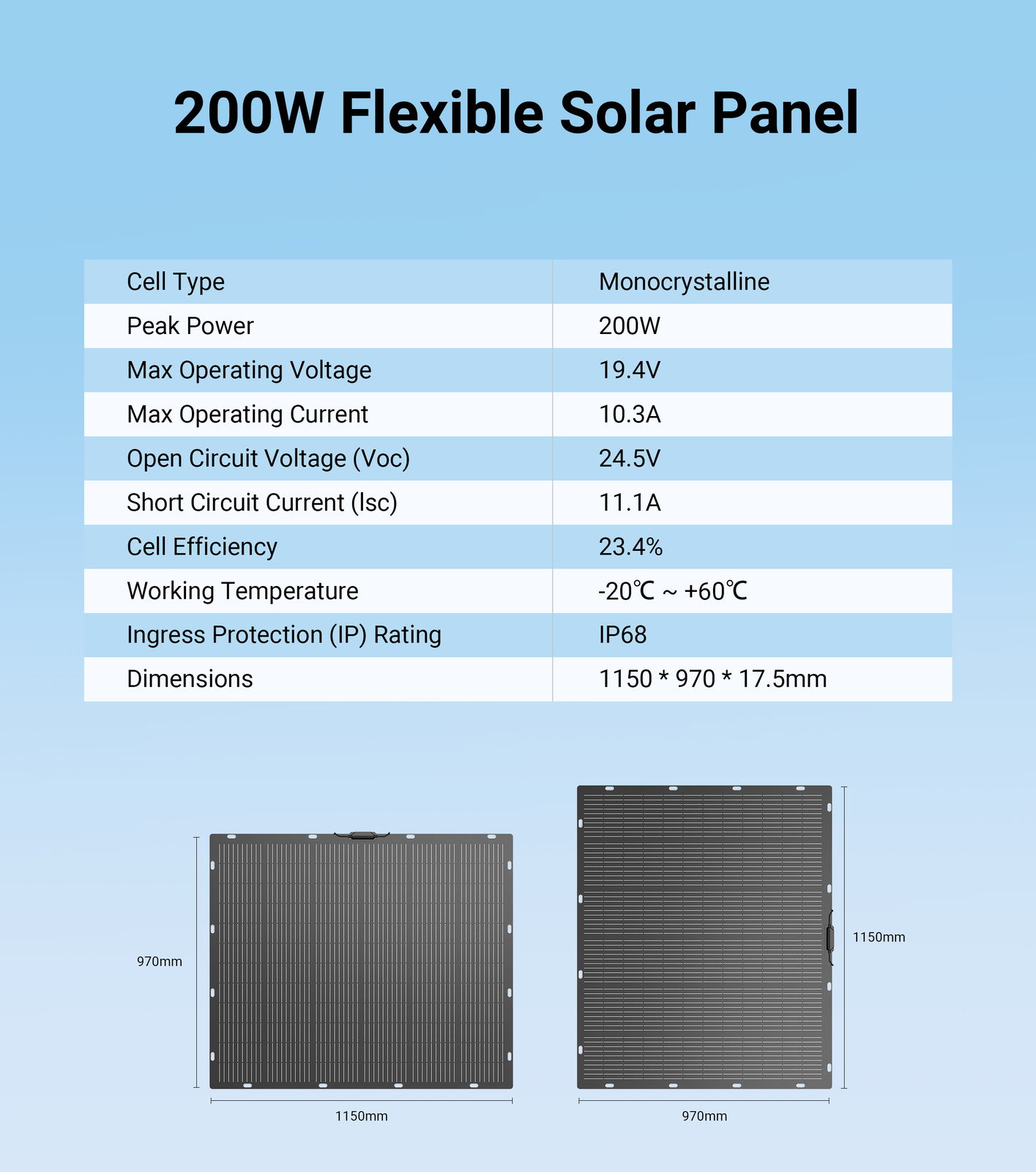Dabbsson Flexible Solar Panel 200W Mono IP68 High Efficiency for Home RV Camping