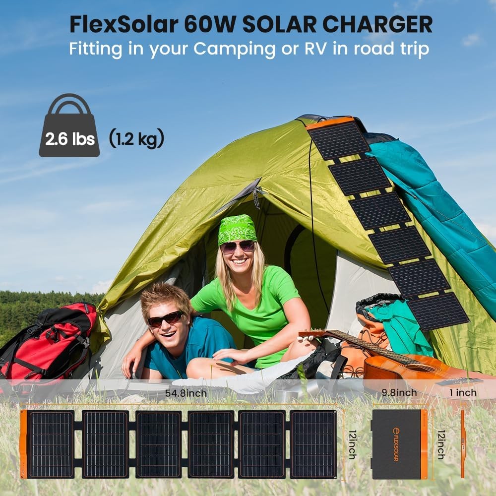 FlexSolar 60W Portable Solar Panel PD3.0 USB C QC3.0 Foldable