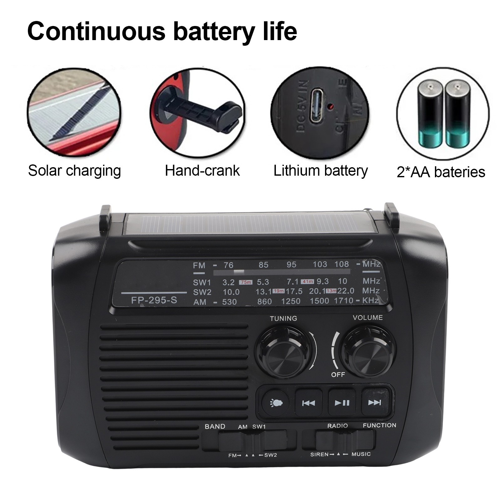 Hand Crank AM FM SW Radio with Solar Charging and Multiple Playback Options