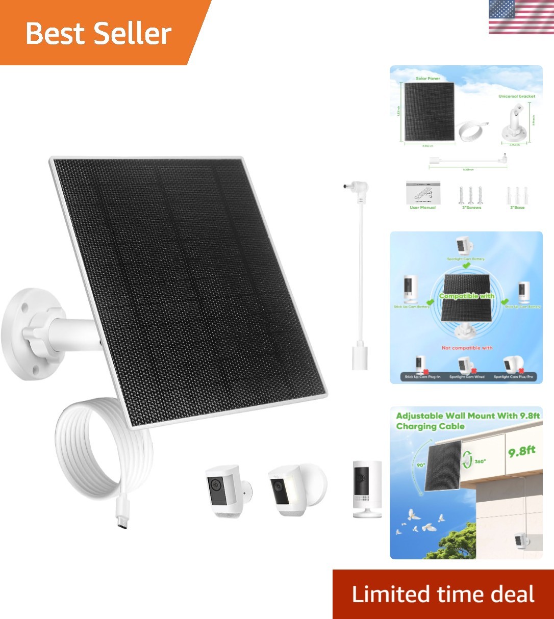 Solar Panel 5W for Ring Camera, 1Pack Solar Panel Compatible with Battery, So…