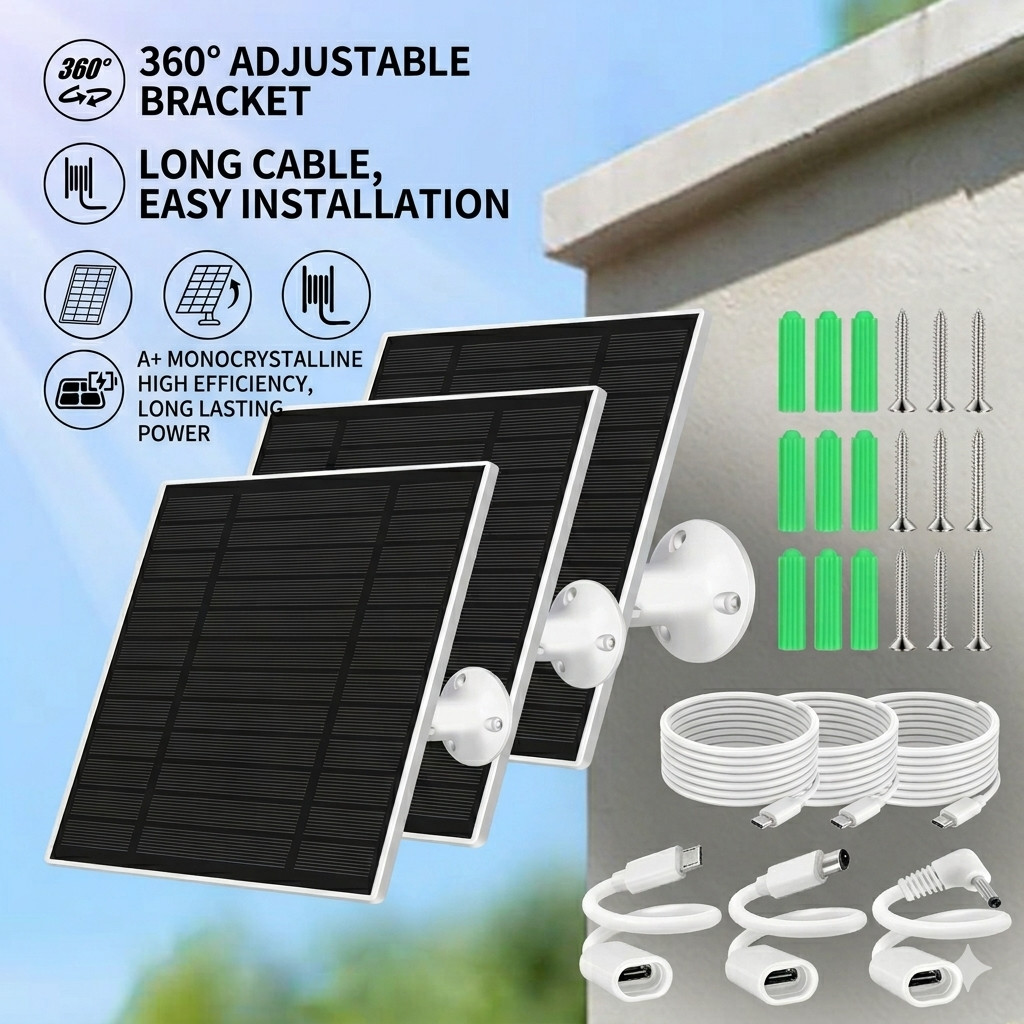 Solar Panel for Security Camera, 5W Solar Charger with Micro USB & USB-C & DC