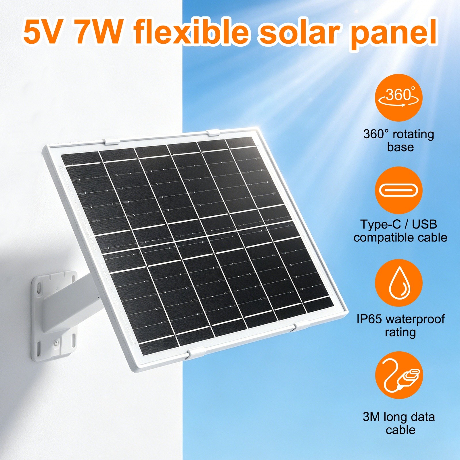 1 Pack of 5V 7W Solar Panel, Waterproof Dual Type-C/USB Solar Charger, White