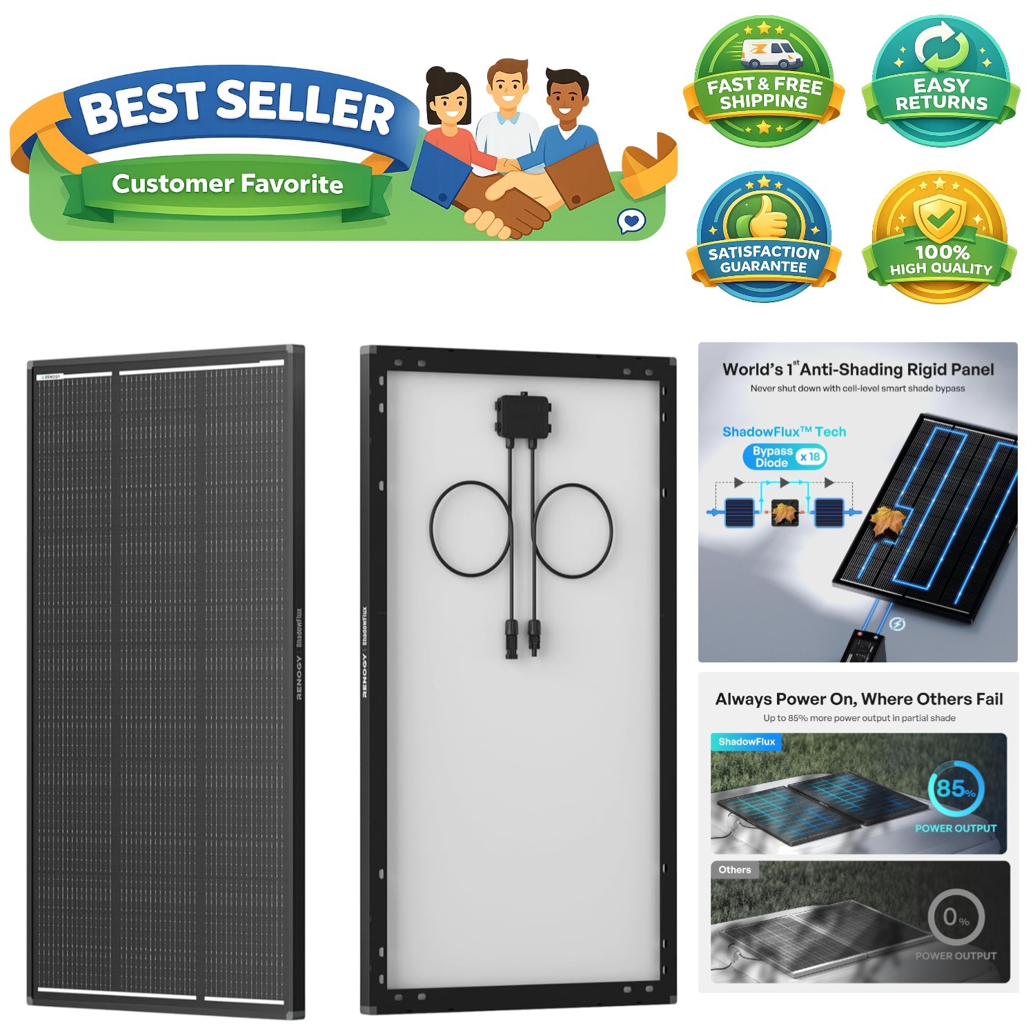 120W ShadowFlux Anti-Shading N-Type Solar Panel, 12V/24V System 120 Watt Sola…