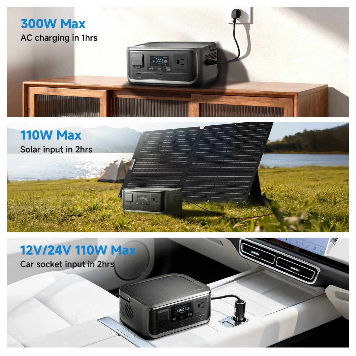 ALLPOWERS 300W 256Wh Portable Power Station AC DC Generator + 100W Solar Panel